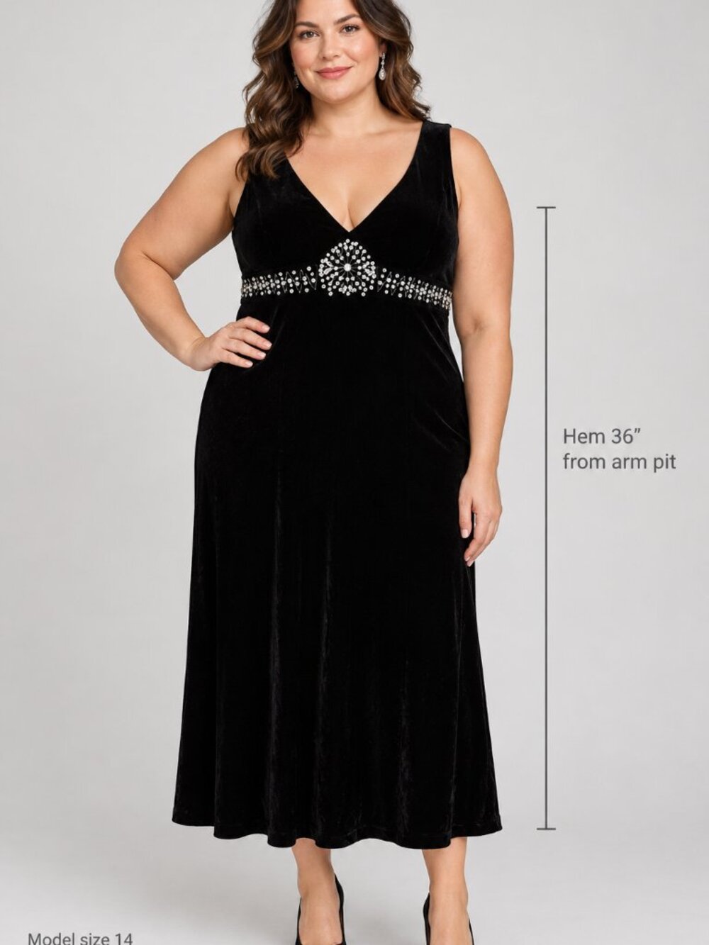 Eliza J Black Velvet Rhinestone Waist Sleeveless Dress - Size 14